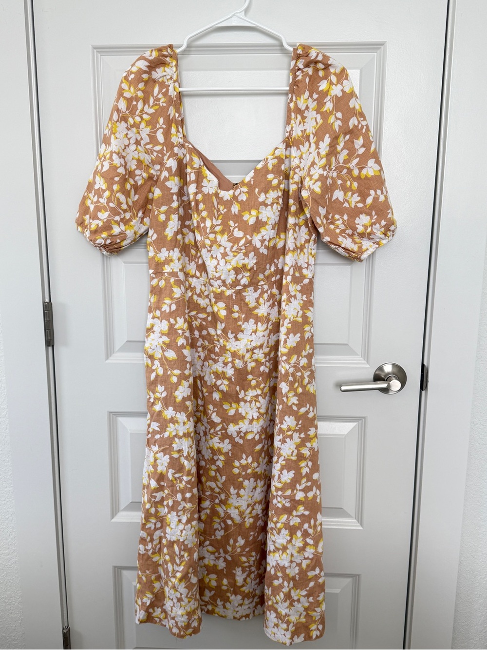 Draper James Dress Women’s 12 Brown Floral Linen Midi Cottagecore Prairie Summer